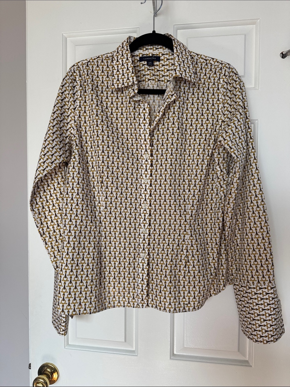 Lands' End Women’s Long-Sleeve Button-Down Shirt - Cream & blue,yellow geometric